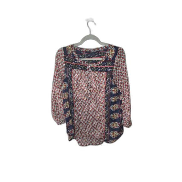 Lucky Brand Women's Red and Blue Boho Floral 3/4 Sleeve Blouse Size Small - Picture 1 of 5